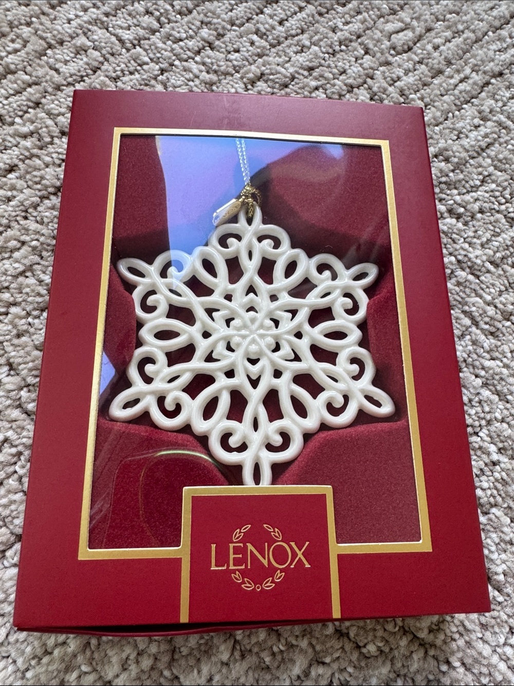 Lenox White Porcelain Filigree Snowflake Ornament with Gold Loop